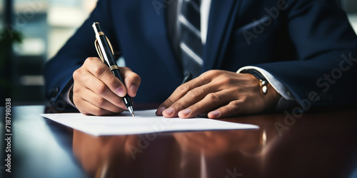 professional business person signing a document  in modern office sitting at table