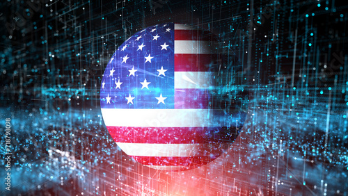 Usa flag painted on 3d globe on artificial intelligence illustration background.