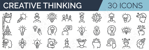 Set of 30 outline icons related to creative thinking. Linear icon collection. Editable stroke. Vector illustration