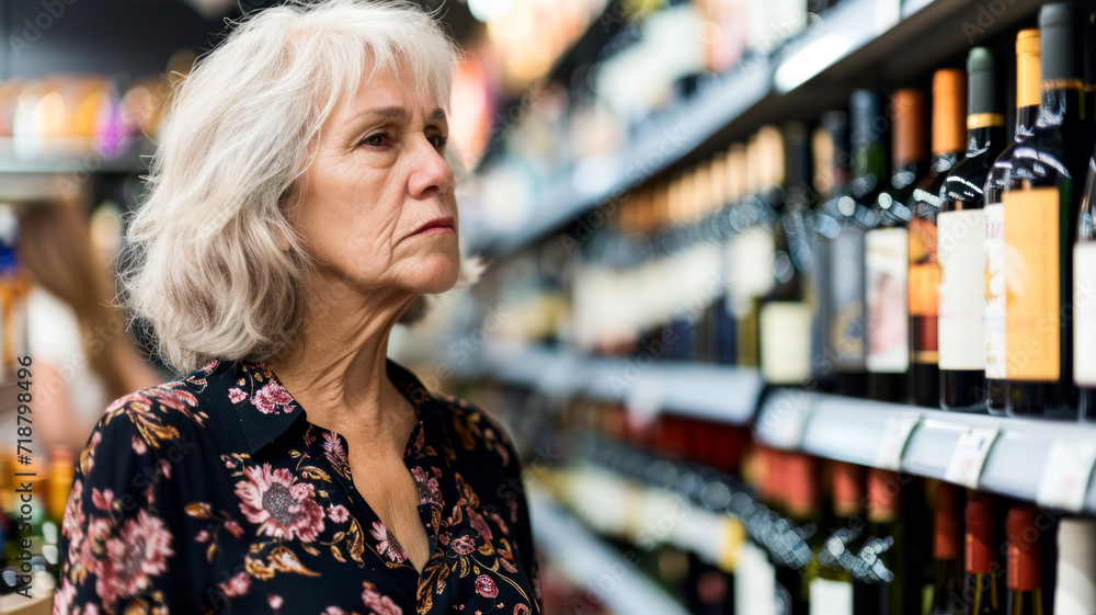 Female alcoholic looking at shelves with liquor