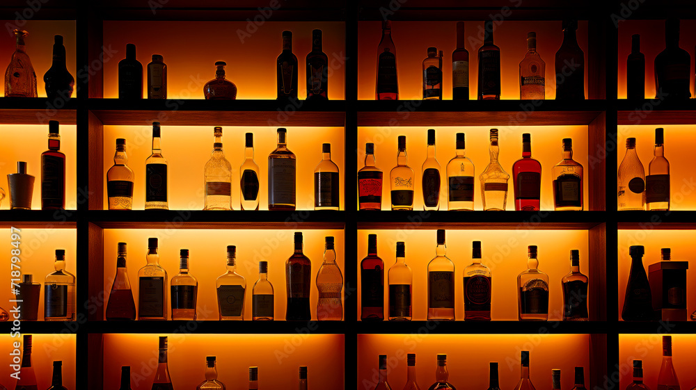 Rows of bottles on shelf in bar, yellow lighting