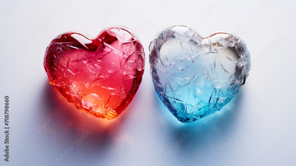Two hearts made of fused glass or intricate crystals on white surface, Valentine's day concept Two hearts made of fused glass or intricate crystals on white surface, Valentine's day concept