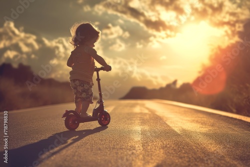 Kind fährt mit Roller die Straße entlang, ich bin dann Mal weg photo