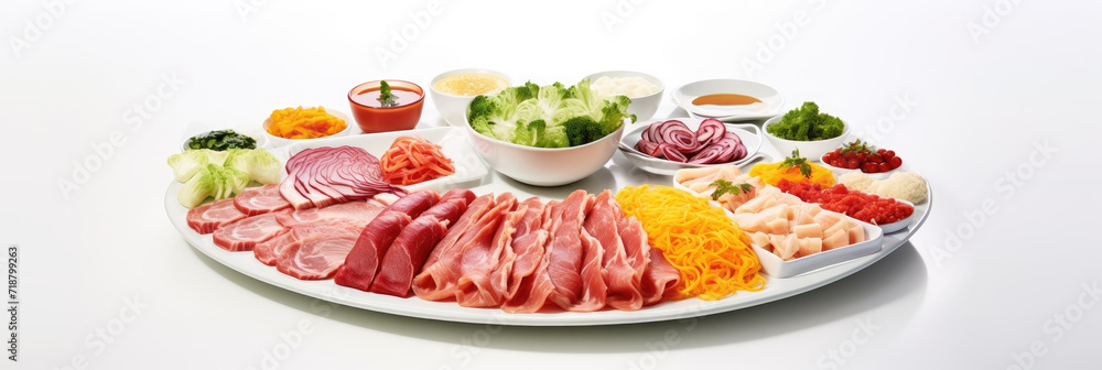 Raw korean food with meat and vegetables on white background. Asian ingredients for cooking in a white ceramic platter. Generative AI. Raw korean food with meat and vegetables on white background. Asian ingredients for cooking in a white ceramic platter. Generative AI.