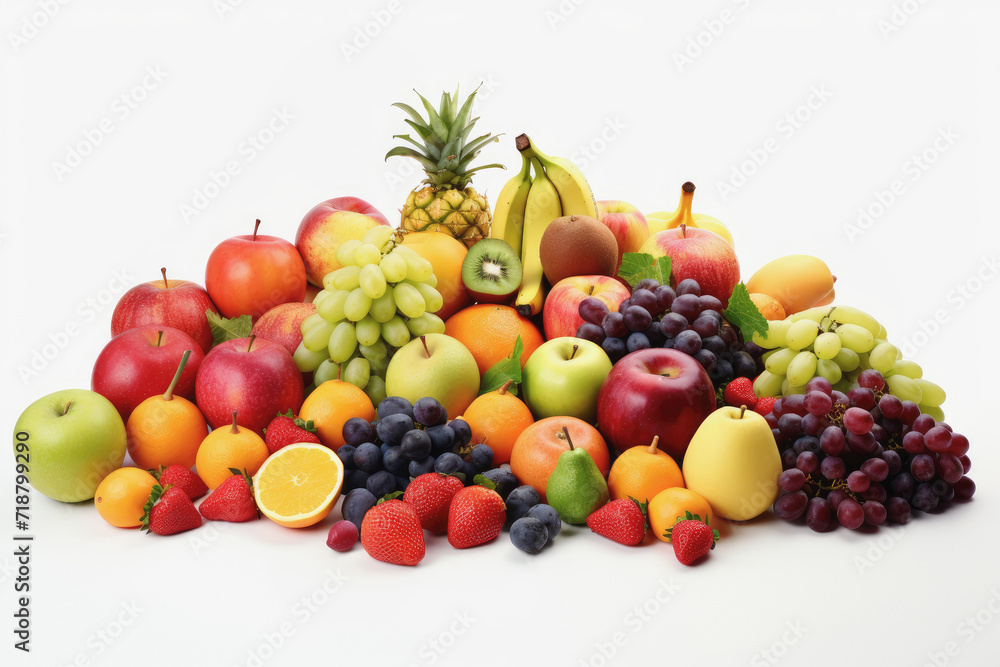 Set of various ripe exotic fruits on a white isolated background. Assortment of seasonal berries and fruits