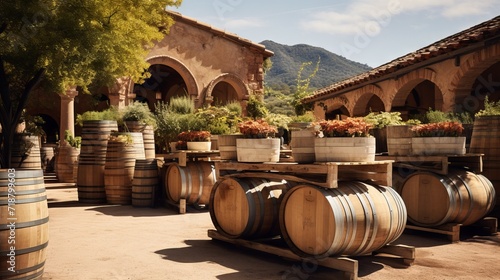 A winery with wooden wine barrels on a sunny day. Alcoholic beverages, agricultural production concepts.