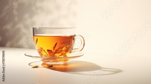 Composition with a cup of tea on a light background