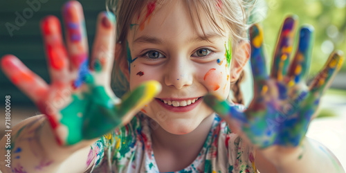 Portrait of a Smiling Girl with Hands Painted in Bright Colours. Fun and Creativity Idea.