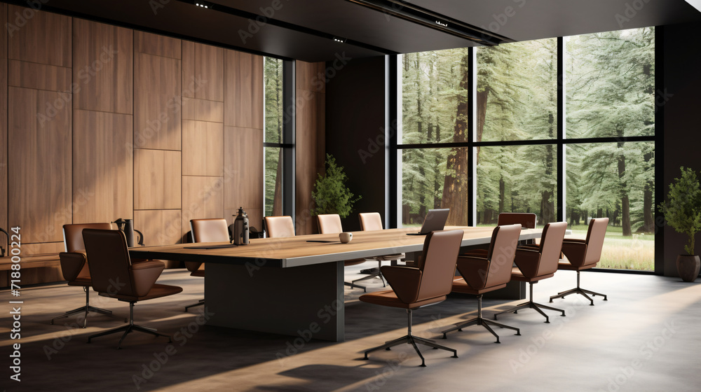 Fototapeta premium the concept of cozy minimalism meeting room design with nature view, interior of a office, interior, table, room, chair, home, furniture, design, house, architecture, luxury, window, wood, chairs