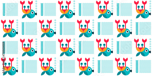 Cute geometric seamless pattern with fish, crab, waves and seaweed. Abstract modern background with elements of underwater world for seafood, city aquariums. Vector flat cartoon illustration