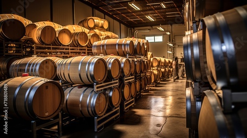 A winery with wooden barrels for the aging process. Winery, alcoholic beverage storage, food industry concepts.
