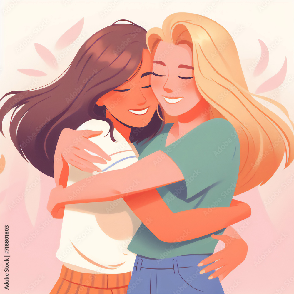 Obraz premium Couple of girls hugging. Concept of friendship, love, sisterhood. Illustration created with artificial intelligence