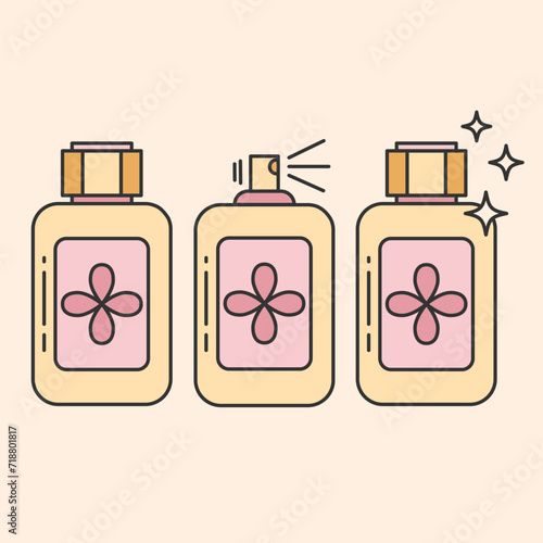 Set of perfume thin line icons.Eau de toilette. Perfume spray container isolated on beige background.Editable Stroke. Vector illustration EPS 10.