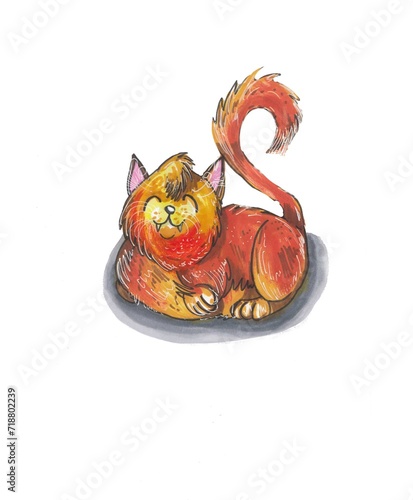 Smiling domestic red cat. Hand drawn illustration.