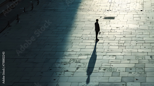 Lonely silhouette of person against the background of paving slabs
