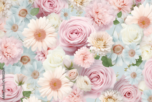 Floral seamless pattern with roses and daisies in soft pastel colors. Generative Ai