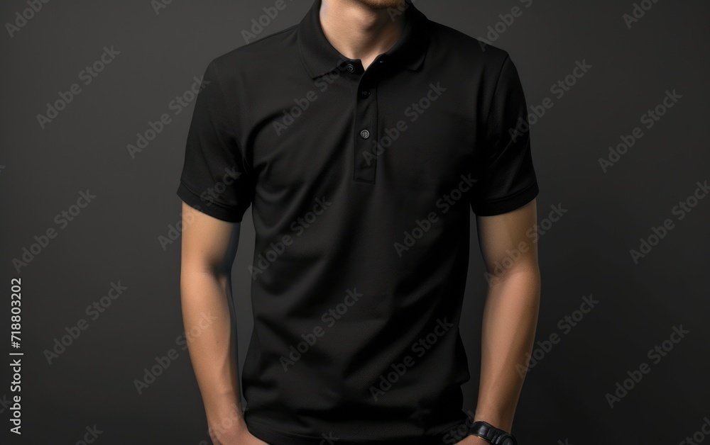 Man in black polo shirt, mockup on dark gray background. T-shirt design template, print presentation mockup without face and logo Man in black polo shirt, mockup on dark gray background. T-shirt design template, print presentation mockup without face and logo