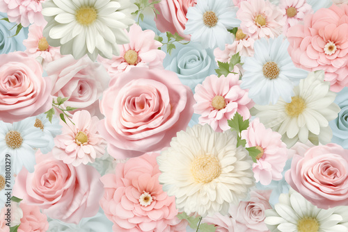 Floral seamless pattern with roses and daisies in soft pastel colors. Generative Ai