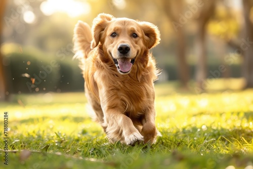 In a park, a golden retriever playing and running. Generative Ai.