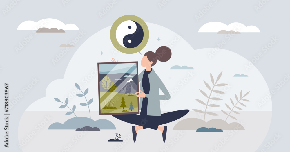 Self awareness and mental harmony with body calmness tiny person concept. Psychological mindset with calm confidence, healthy relationship with yourself and mental identity care vector illustration. - obrazy, fototapety, plakaty 
