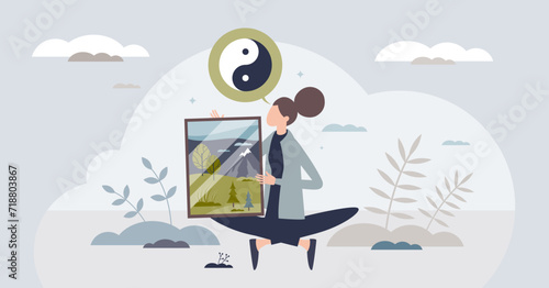 Self awareness and mental harmony with body calmness tiny person concept. Psychological mindset with calm confidence, healthy relationship with yourself and mental identity care vector illustration.