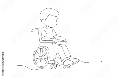 Little boy sitting on wheelchair continuous outline vector. Disability kid one line art drawing.
