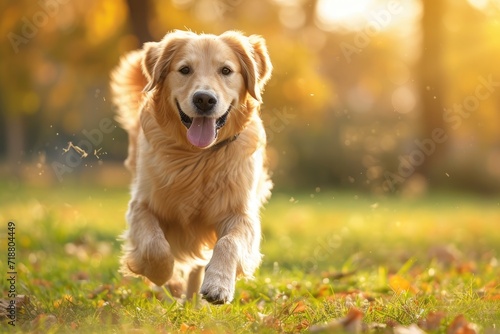 In a park, a golden retriever playing and running. Generative Ai.