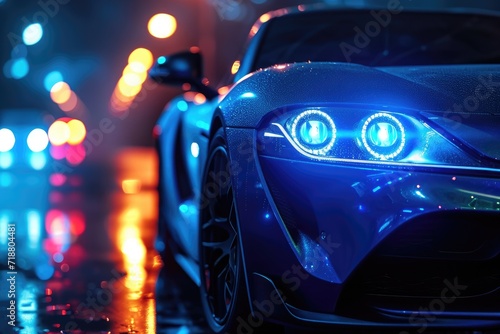 Blue headlights on a car. Generative Ai. © Planum
