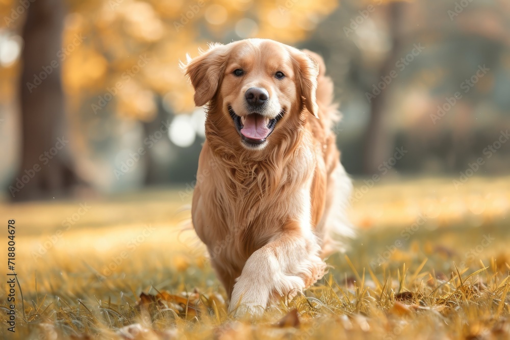 In a park, a golden retriever playing and running. Generative Ai.