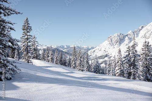Winter morning in the Alps. Snowy landscape background
