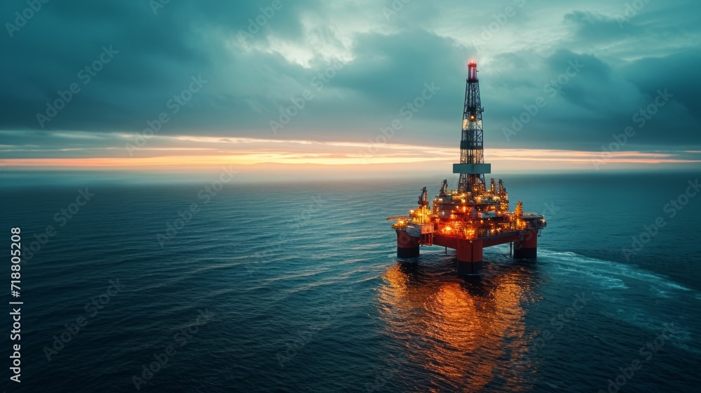 Obraz premium A bird's-eye view of a deep-sea drilling operation amidst calm seas.