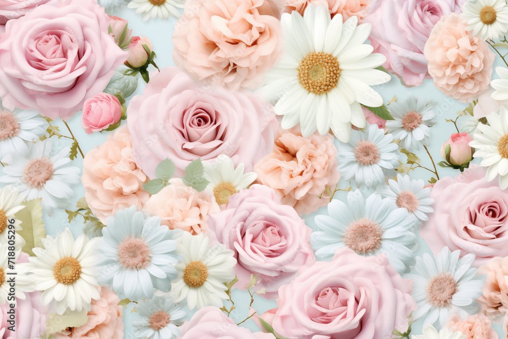 Floral seamless pattern with roses and daisies in soft pastel colors. Generative Ai Floral seamless pattern with roses and daisies in soft pastel colors. Generative Ai