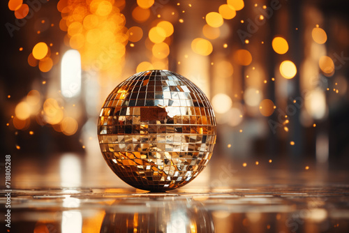 golden disco ball shines and glows. party and celebration in the club. lights and bokeh on the background