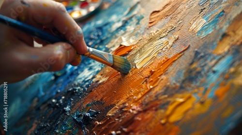 A close-up of a painter's hand delicately applying oil paint to canvas. photo