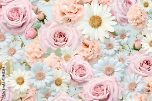 Floral seamless pattern with roses and daisies in soft pastel colors. Generative Ai