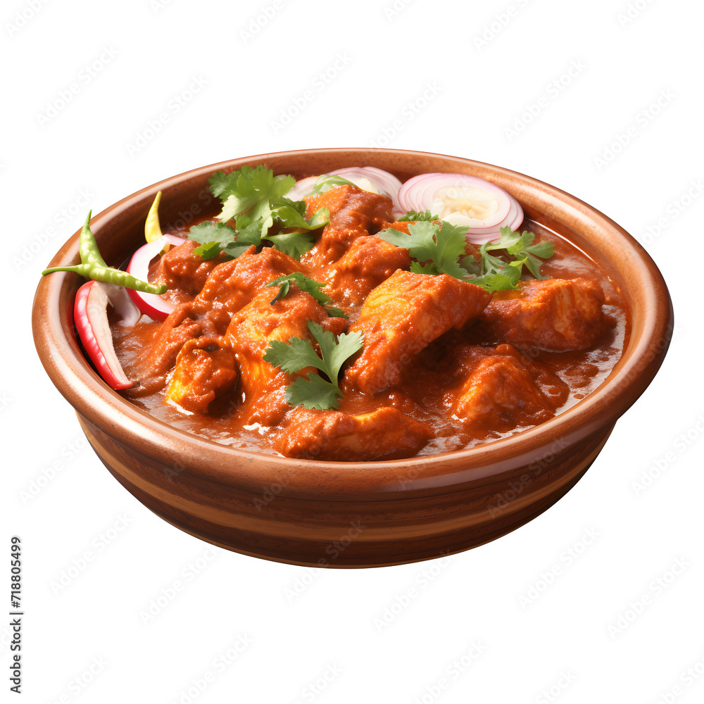 Murgh Makhani / Butter chicken tikka masala served with roti / Paratha and plain rice along with onion salad. selective focus on png background Murgh Makhani / Butter chicken tikka masala served with roti / Paratha and plain rice along with onion salad. selective focus on png background