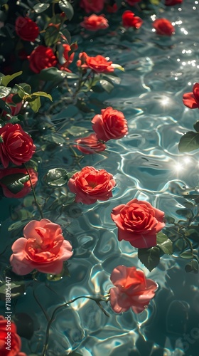 Red rose flower floating on water surface background © Kornkanok