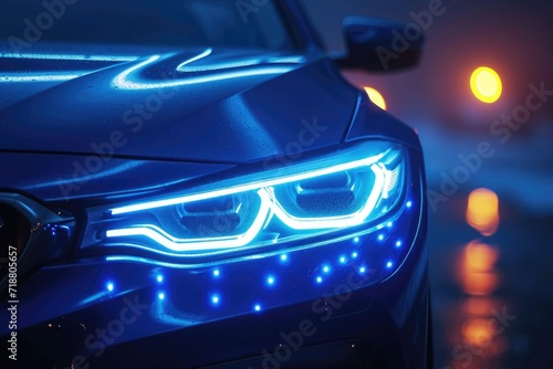 Blue headlights on a car. Generative Ai.