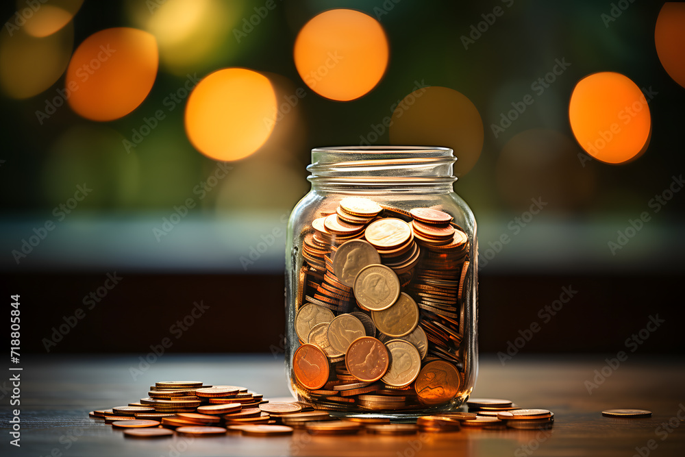 Large number of coins in glass jar. Saving or collecting money for specific purpose. Management and money collection concept Large number of coins in glass jar. Saving or collecting money for specific purpose. Management and money collection concept