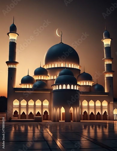 Mosque Building With Moon and Stars in Eid al-Fitr Celebration Eve for Eid al-Fitr Background