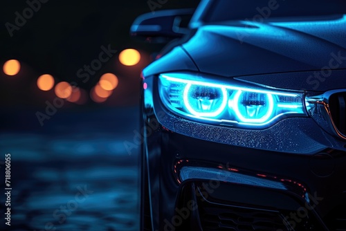 Blue headlights on a car. Generative Ai. © Planum