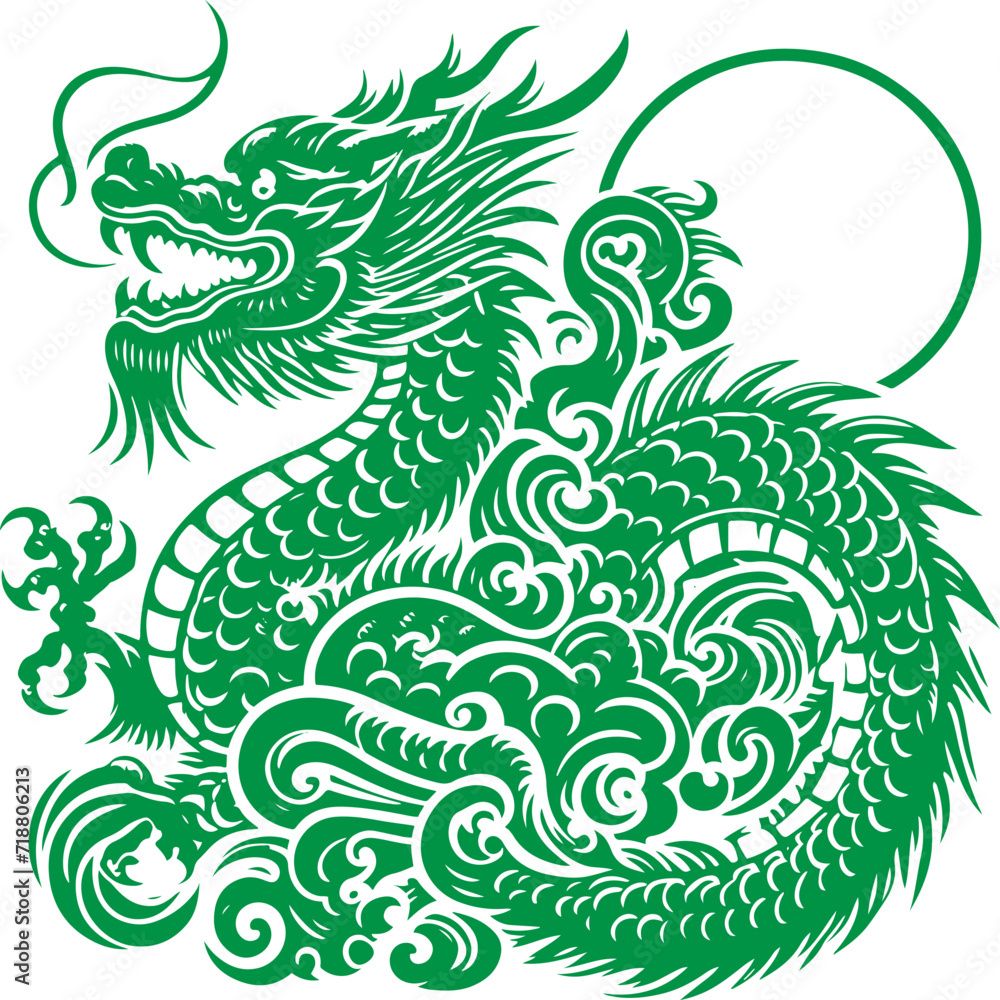 Green dragon, vector illustration for Chinese calendar new year. Isolated on white background.