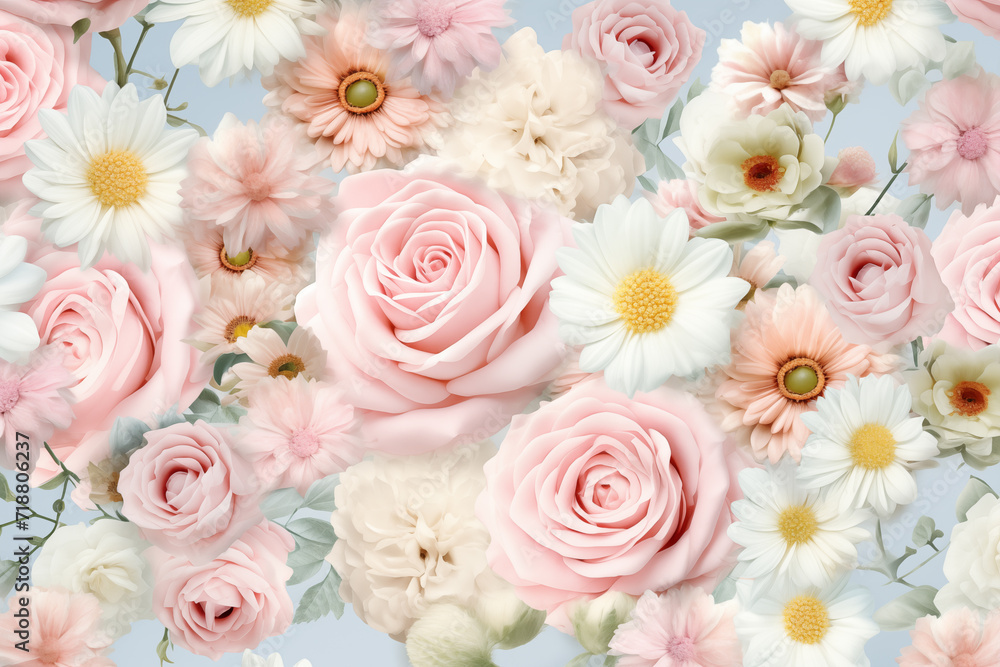 Floral seamless pattern with roses and daisies in soft pastel colors. Generative Ai Floral seamless pattern with roses and daisies in soft pastel colors. Generative Ai