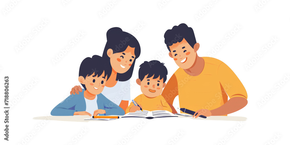 Obraz premium smiling parent helping their children with homework, showing support and encouragement in the learning process, on a white background.