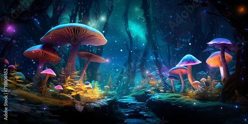 landscape with mushrooms, mushroom forest in a fantasy world ,Image of an beautiful enchanted forest