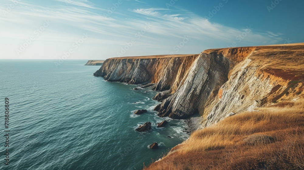 A rugged windswept cliff face overlooking the ocean.