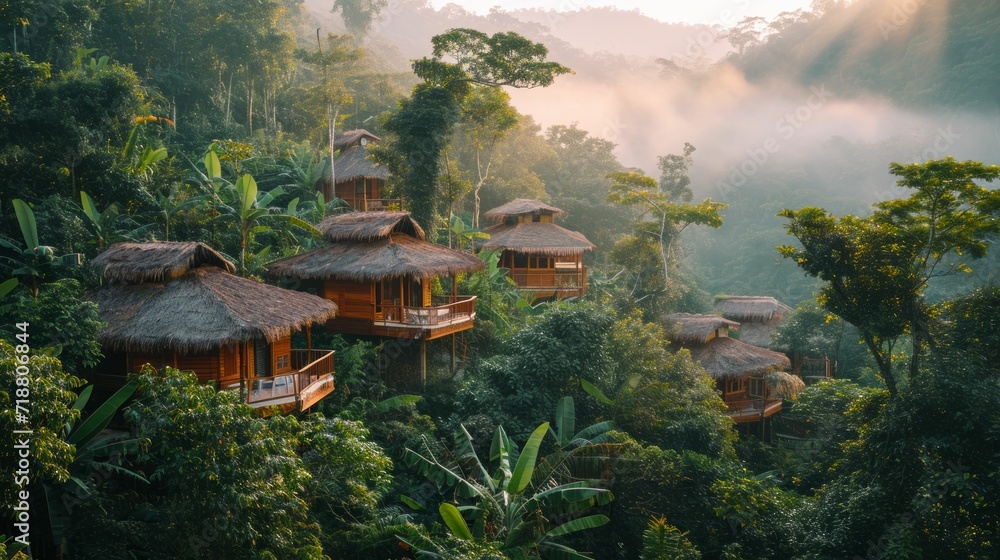 Fototapeta premium A sustainable eco-lodge nestled in a dense jungle.