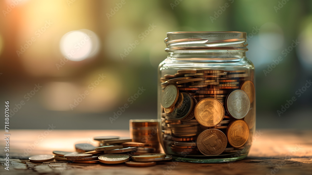 Large number of coins in glass jar. Saving or collecting money for specific purpose. Management and money collection concept Large number of coins in glass jar. Saving or collecting money for specific purpose. Management and money collection concept