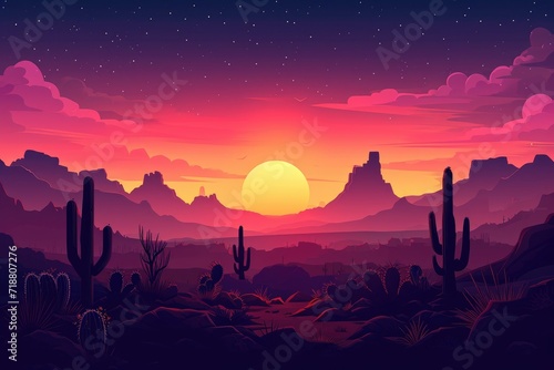 Panoramic picture of the desert at sunset. Generative Ai.