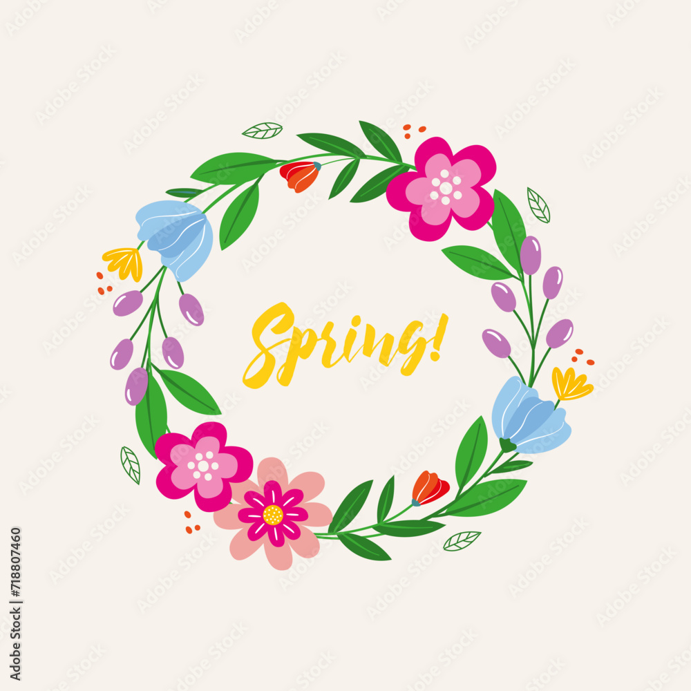 Postcard spring. wreath of flowers and leaves. pink, blue, purple bright flowers in modern style. vector illustration. spring 2024